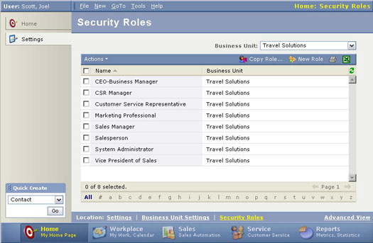 List view of all existing security roles.