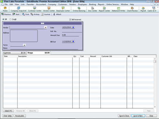 How to Enter a Bill in QuickBooks 2010 - dummies