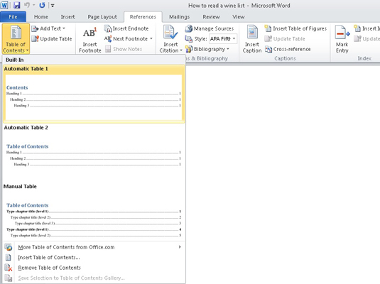 How To Create A Table Of Contents In Word 2010 Dummies