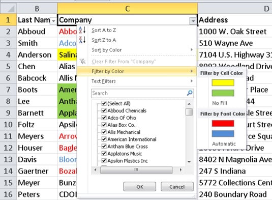 How To Filter An Excel 2010 Table By Color Dummies