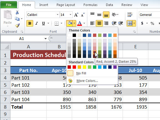 How To Apply Fill Colors Patterns And Gradients To Cells In Excel 2010 Dummies