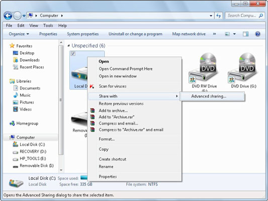 How to Share an Entire Hard Disk on a Windows 7 Home Network - dummies