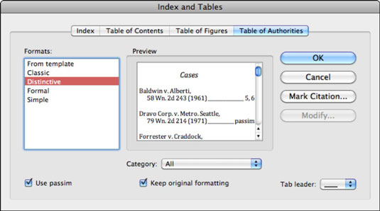 word for mac 2011 table of authorities