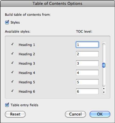update table of contents word 2011 for mac