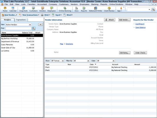 Vendor Menu Commands in QuickBooks 2012 - dummies