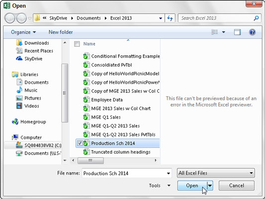 How To Navigate The Open Dialog Box In Excel 2013 Dummies