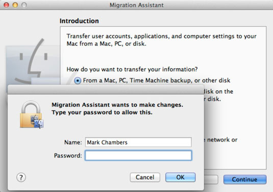 what is user name and password for migrating files from mac to pc