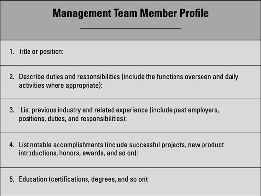 management description in business plan