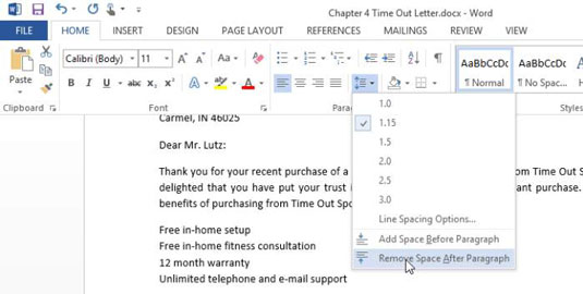 remove paragraph spacing in word 2013