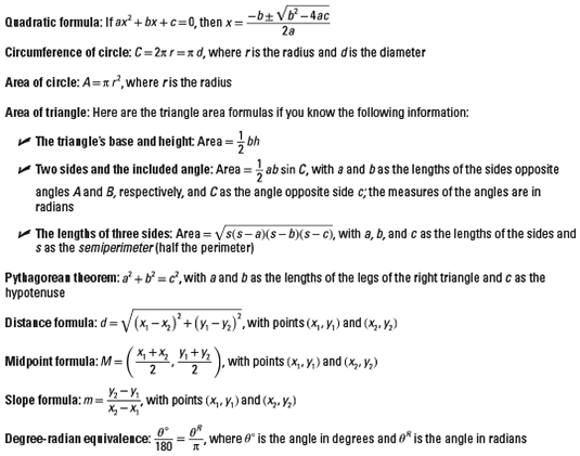 pre calculus formulas