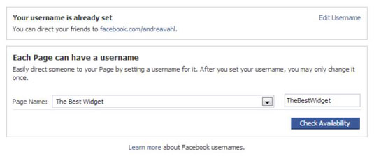 Facebook's username page.