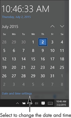 Select the date and time displayed in the taskbar. A calendar and clock pop up, as shown.