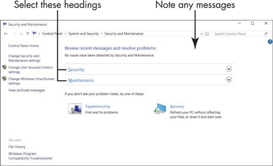 How to Check Your Security and Maintenance Status in Windows 10 - dummies