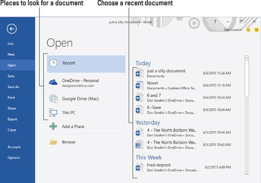 How To Open A Document In Word 2016 Dummies