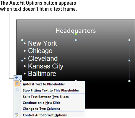 How To Control How Text Fits In Powerpoint 07 Text Frames And Text Boxes Dummies