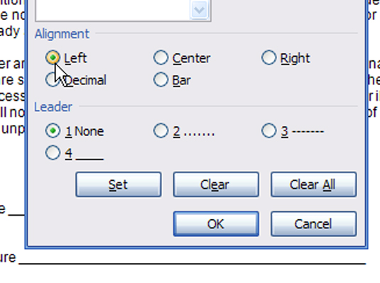 How to Set a Tab in the Word 2007 Tabs Dialog Box - dummies