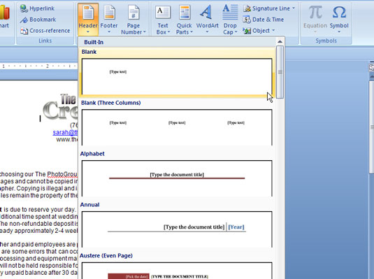 viewing header and footer in word