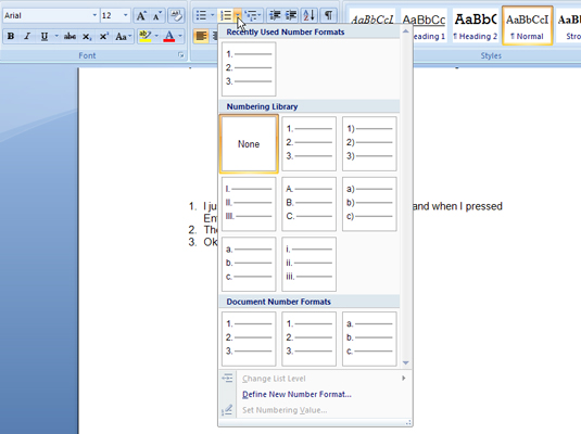 How To Change Numbering Format In Word 2007 Numbered Lists Dummies