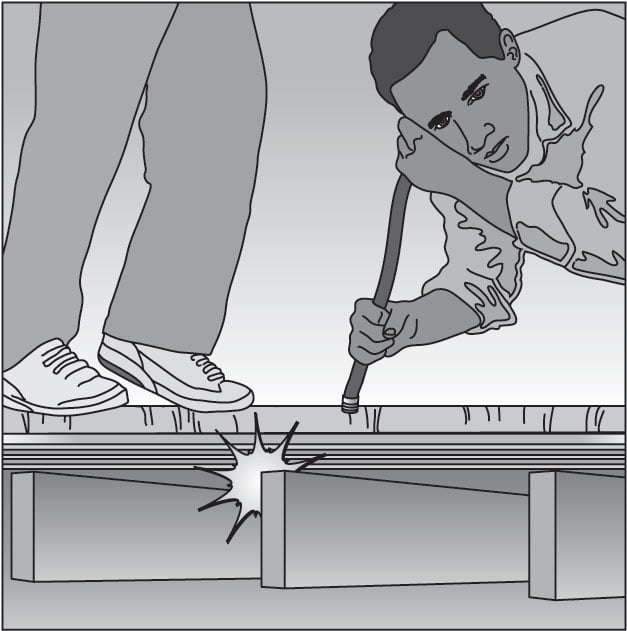 illustration of a person listening for squeaks while another person steps on the floor boards