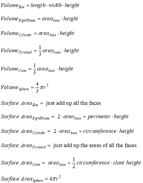 list of formulas for geometry three-dimensional shapes