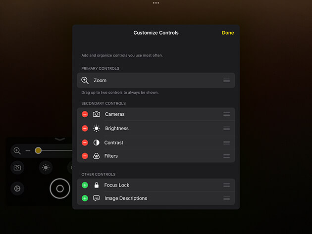 Screenshot showing the iPad's Customize Controls window