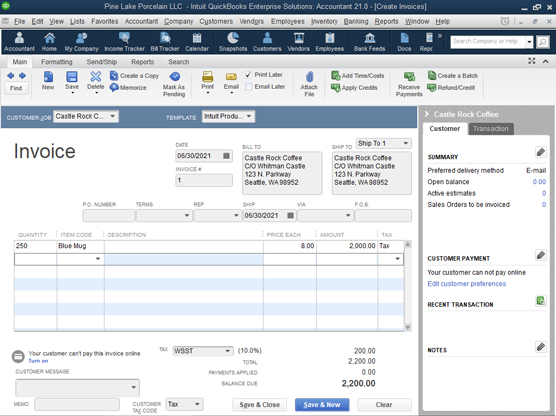 A completed Create Invoices window